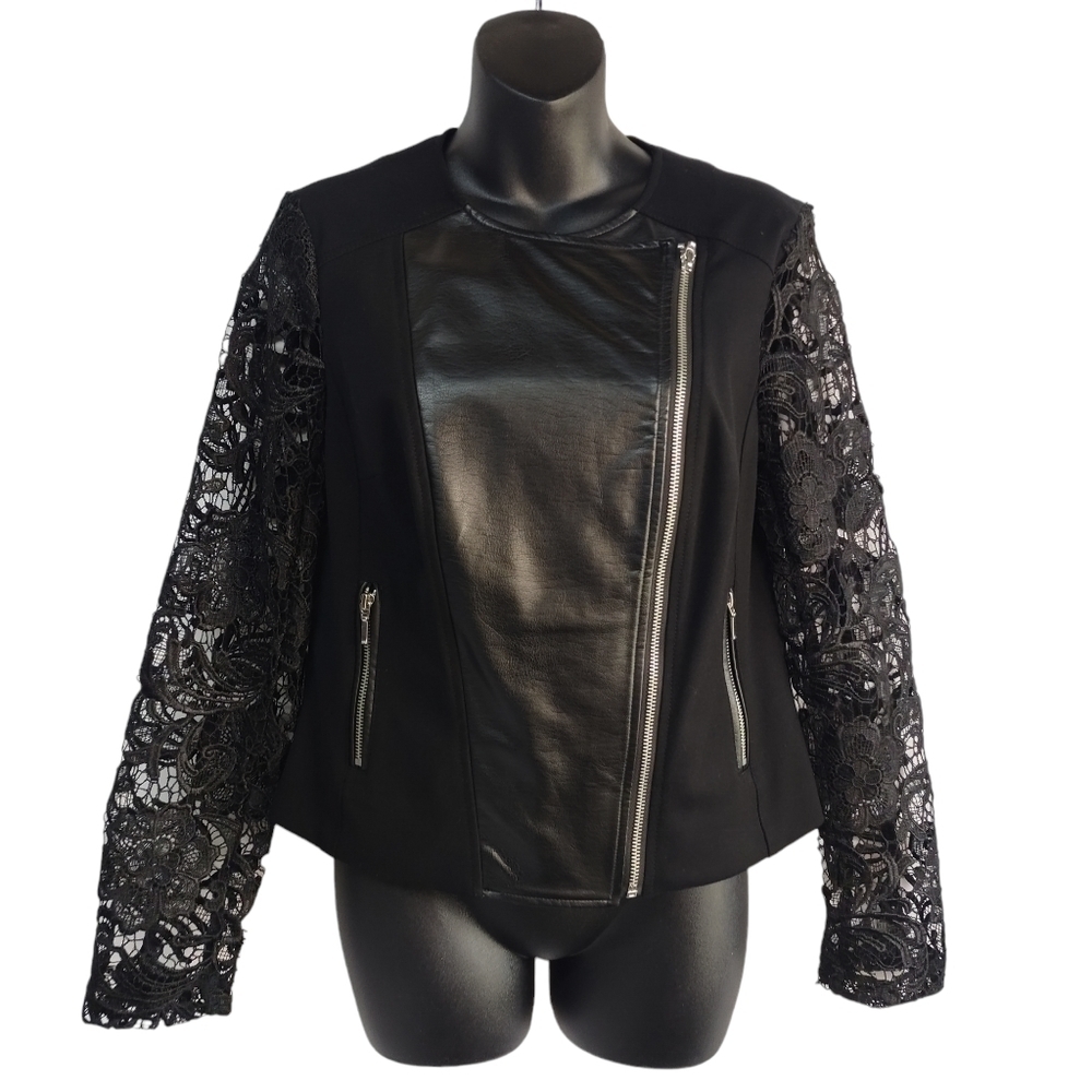 International Concepts  Women's Black Faux Leather Long Lace Sleeve Jacket Sz S